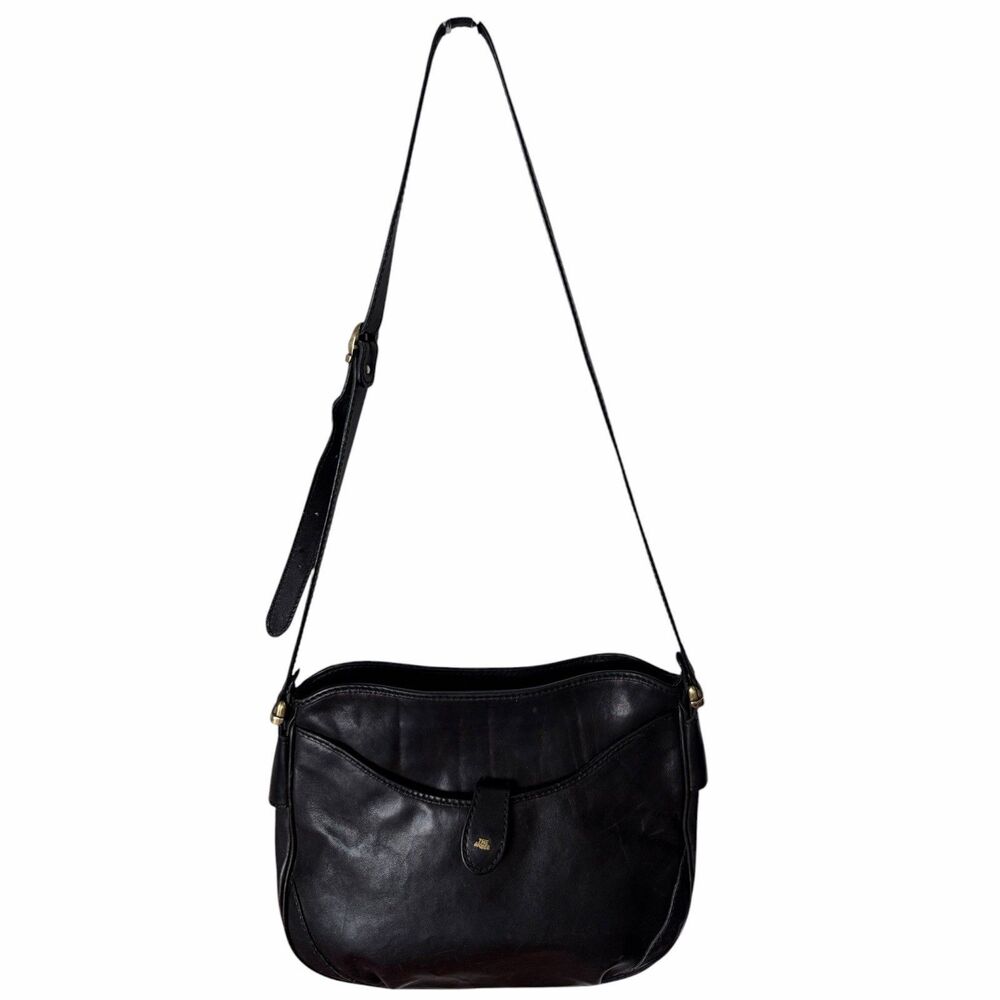 THE BRIDGE 1970s Womens Vintage Black Leather Shoulder Bag Made In Italy 11”H